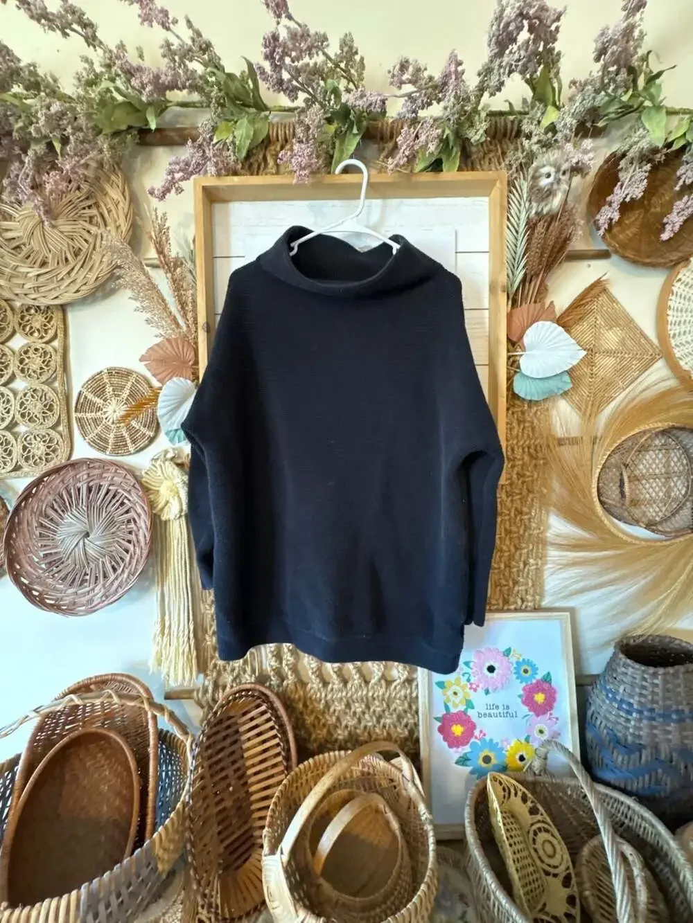 Free People Black Ribbed Funnel Neck Sweater